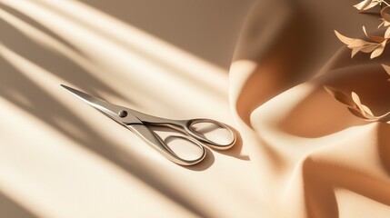 Poster - scissors resting on a soft fabric with warm natural light highlighting the textures and shadows