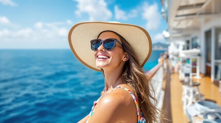 A medium portrait shot of a beautiful woman wearing sunglasses and a summer hat, enjoying her vacation on a cruise ship for Travel Agency advertising 