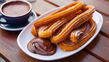 Wall Mural - Tasty churros with chocolate in plate on cafe table. Spanish sweet pastry. Delicious food treat.