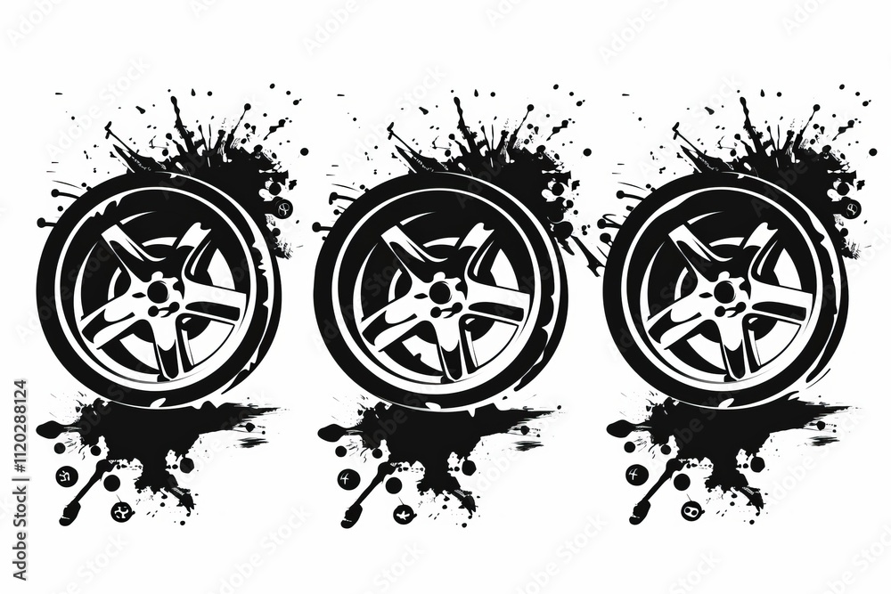 Car wheels icon, tire silhouettes, graffiti spray rim symbol, auto ...