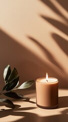 Poster - beautiful candle casting soft shadows next to green leaves on a neutral background