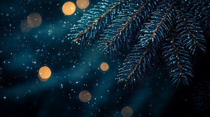 Poster - A close up of a pine tree branch with lights in the background