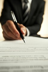 person in suit signing a document.