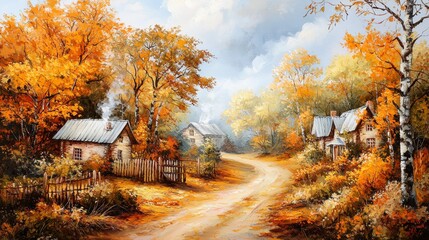 Poster - A painting of a country road in the fall