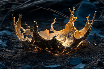 Poster - A close-up of a cracked golden crown showcases detailed textures and light reflections against a dark background