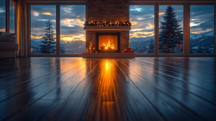 Sticker - A living room with a fireplace and a view of the mountains