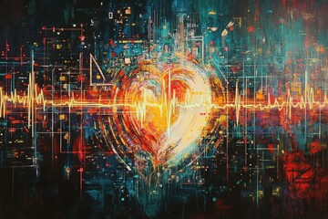 Wall Mural - A painting of a heart with a wave of sound emanating from it. Generative AI