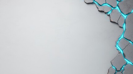 Poster - Abstract wall crack with glowing blue light effect on gray textured background for modern design and creative projects