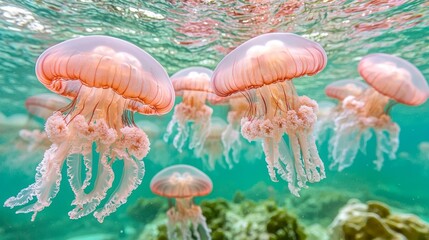 Poster - In a serene underwater landscape, delicate pink jellyfish glide effortlessly among colorful corals, creating an enchanting ambiance of tranquility and beauty beneath the sunlit sea