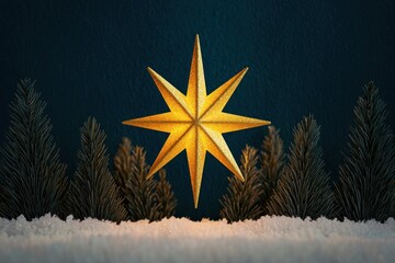 Poster - A glowing golden star shines above snowy ground and dark green trees, creating a serene winter atmosphere.