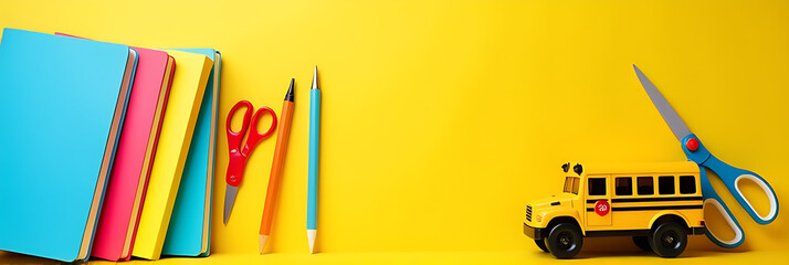 Aufkleber - School supplies, such as notebooks and scissors, are displayed in a colorful scene with a small school bus toy on a bright yellow background._00001_