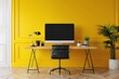 © Valentin - Modern Home Office with Yellow Accent Wall and Stylish Desk Setup