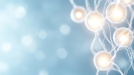 Poster - Illuminated Cells Connected by Fine Neurons with Bokeh Background in Soft Blue and White Tones