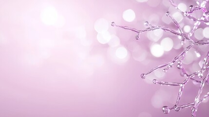 Poster - Delicate Pink Background with Sparkling Water Droplets on Clear Twigs Creating a Dreamy Aesthetic for Various Uses