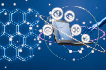 Poster - Digital technology and innovation represented by a laptop with futuristic medical icons on a blue background. 3d rendering