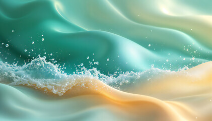 Wall Mural - Waves of turquoise and orange colors with splashing water and bubbles.