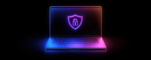 Poster - Modern laptop with neon security icon and digital protection theme