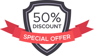 Wall Mural - offering a vibrant 50 percent discount highlighted by a striking red ribbon and shield, promoting an