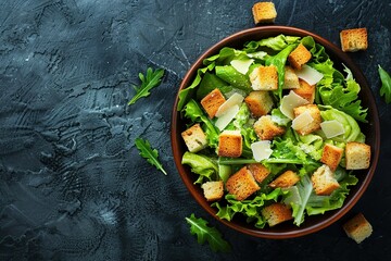 Wall Mural - A bowl of salad with croutons and lettuce