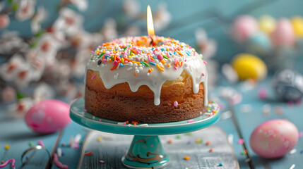 Wall Mural - close up of easter cake decorated with sprinkles and burning candle on turquoise