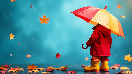 Wall Mural - Colorful umbrella and rain gear dominate a bright blue backdrop filled with falling maple leaves on a rainy autumn day for kids._00001_