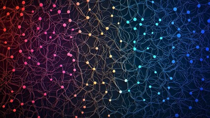 Poster - Abstract Network:  Intricate web of glowing lines and nodes in vibrant, multi-colored hues against a dark backdrop, evokes a sense of interconnectedness, dynamism, and innovation.  
