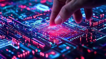 Poster - Fingertip on the Pulse: A close-up shot of a hand delicately pressing a finger onto a glowing CPU chip, set against a vibrant, abstract circuit board design.