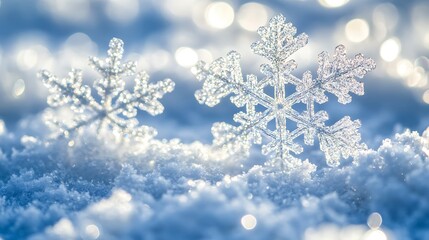 Poster - A close-up view of sparkling snowflakes falling gently in a winter wonderland, enhancing the beauty of the snowy landscape