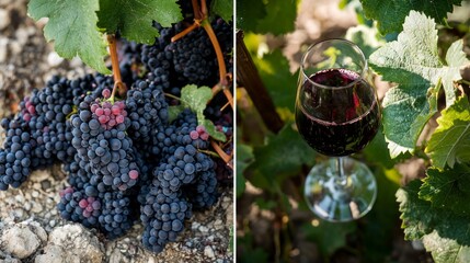 Poster - Bunches of plump black grapes dangle gracefully from vibrant green vines, thriving under the warm afternoon sun. Nature's bounty promises a rich harvest