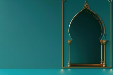 Poster - A blue wall with gold arches and a gold frame