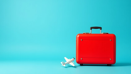 Aufkleber - A small red suitcase and tiny plane sit on a bright blue background surrounded by empty ad space waiting to be filled._00001_