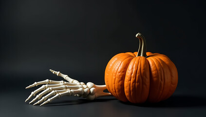 Poster - A skeletal hand and pumpkin sit atop an isolated black backdrop, surrounded by empty space in a spooky Halloween scene._00001_