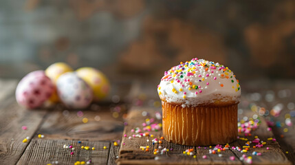 Wall Mural - delicious easter cakes with sprinkles and painted chicken eggs on wooden surface