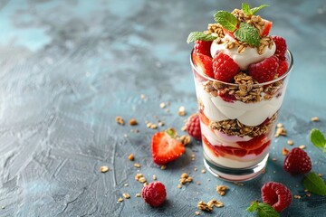 Wall Mural - A glass of fruit salad with strawberries and granola on a blue background