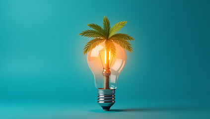 Poster - A light bulb with a palm tree filament shines brightly on a blue background, representing creativity and exotic concepts._00001_