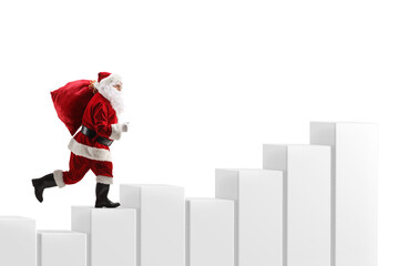 Poster - Full length profile shot of santa claus running on a bar chart with a sack on his shoulder