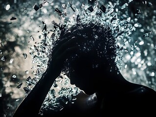 Poster - Artistic Representation of a Silhouette with Water Splash and Shattered Glass, Capturing the Essence of Emotion and Movement in a Dynamic Scene