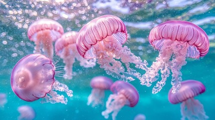 Poster - A serene gathering of delicate pink jellyfish glides through clear azure waters, their graceful movements creating a tranquil atmosphere. Soft sunlight filters above, enhancing their beauty