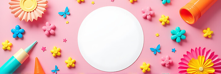 Aufkleber - A colorful scene of creative playthings surrounds an empty circle on a soft pink background with butterflies and sunshine accents._00001_