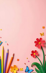 Poster - A colorful preschool summer scene features art supplies and whimsical elements against a light pink background with space for advertising._00001_