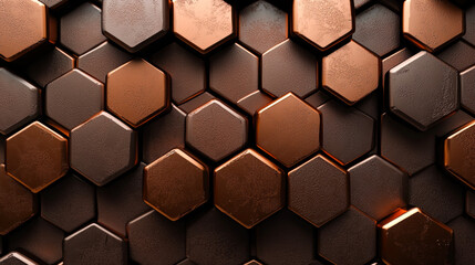 Aufkleber - Hexagonal pattern of brown and copper tiles creates an intricate texture on the wall