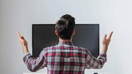 back view of man looking at computer monitor with copy space showing yes gesture