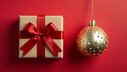 Wall Mural - A beautifully wrapped gift box and a festive tree ornament on a red background shine with holiday cheer._00001_