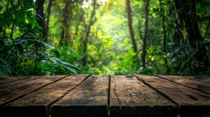 Poster - Sunlight filters through a vibrant canopy, casting a warm glow on the empty wooden table top, perfect for gatherings or quiet reflections amidst nature's tranquil embrace