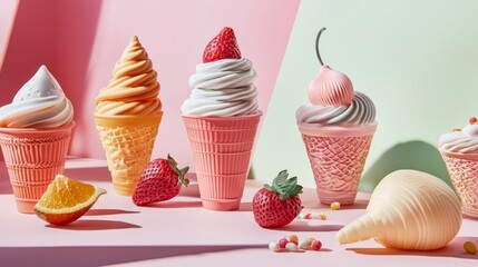 Wall Mural - Assorted colorful soft serve ice creams with fresh fruits