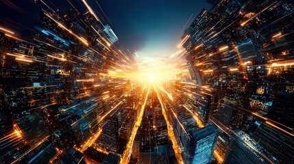 Poster - Digital cityscape, glowing skyscrapers in futuristic hues