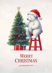 Wall Mural - Cute watercolor illustration of a funny northern polar bear with Christmas tree.