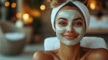 Poster - A woman relaxes in a tranquil spa setting, adorned with a green facial mask. Soft lights create a peaceful atmosphere, enhancing her serene expression while she enjoys self-care.