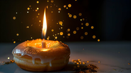 Wall Mural - burning candle in middle of glazed doughnut with golden sparkles on white table isolated on black