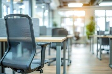Poster - A chair is sitting in front of a desk in a room with a lot of other chairs